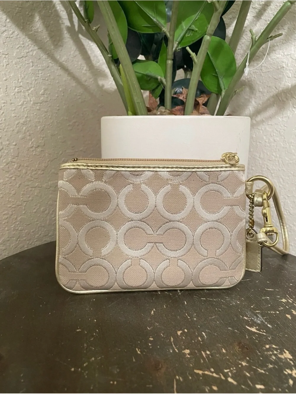 Coach OP Art Beige & Gold Wristlet Pouch